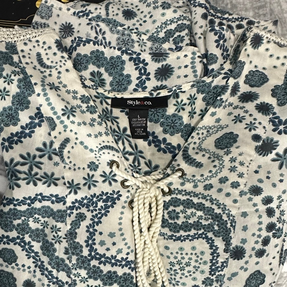 STYLE & CO Tunic Caftan Blouse Sz L Tan Blue Lace‎ Up Cottagecore Flowy Bohemian